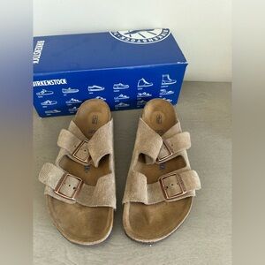 Birkenstock Suede Two-Strap Sandals in Taupe Arizona BS Size 7.5 Regular